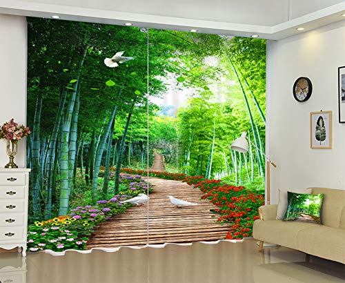 AmDxD Cortina para ventana de poliéster de 2 paneles, para sala de estar, diseño de flores, bosque de bambú, lavable a máquina, color verde marrón, 250 cm de ancho x 222 cm de alto