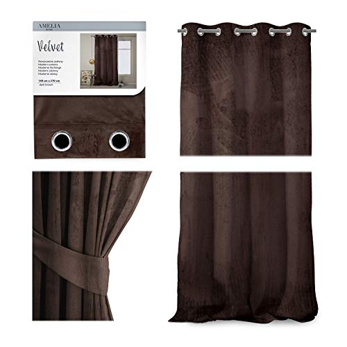 AmeliaHome Cortina de terciopelo con aspecto aterciopelado, 140 x 270 cm, color marrón oscuro, 1 unidad, cortina opaca para ventana, ligera, brillante, decorativa, cortina decorativa