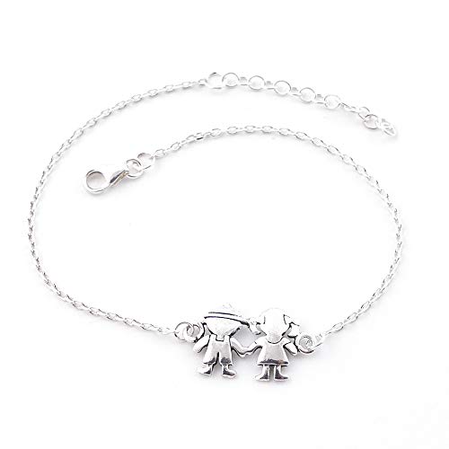 ARITZI - Pulsera Delicada en Plata de Ley 925 con Largo de 16 cm y Extension de 3 cm y Dije de 11 x 19 mm en Forma de Niño & Niña