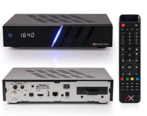 AX HD61 4K UHD E2 Linux Combo receptor para televisión por cable y DVB-T, con sintonizador DVB-S2X y DVB-C/T, función de grabación PVR, IPTV, HDR, con cable HDMI [preprogramado para Astra & Hotbird]