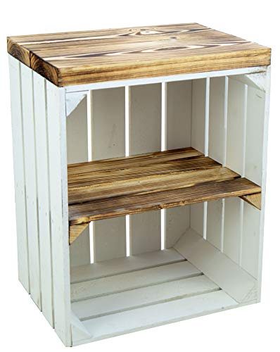 Bandeja, caja de asiento, caja de madera de Johanna, caja de fruta y tablones de madera maciza, zapatero, taburete de madera, dimensiones 40 x 29 x 53 cm, color blanco y flameado Bandeja, caja de asiento, caja de madera de Johanna, caja de fruta y tablones de madera maciza, zapatero, taburete de madera, dimensiones 40 x 29 x 53 cm, color blanco y flameado