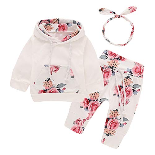 Bebé recién Nacido de Manga Larga con Capucha Floral Sudadera Tops + Pantalones Ropa Trajes (6-12 Meses, Blanco) Bebé recién Nacido de Manga Larga con Capucha Floral Sudadera Tops + Pantalones Ropa Trajes (6-12 Meses, Blanco)