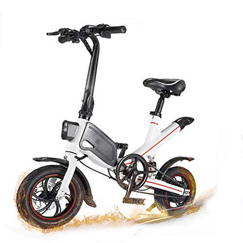 Bicicleta Eléctrica Plegable - Bicicleta Eléctrica Adultos - Motor de 350W - Iluminación LED - Velocidad máxima 25 km / h - Neumáticos de 12 pulgadas - Amortiguador central - Sillín ajustable,Blanco