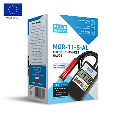 Blue Technology MGR-11-S-AL. Medidor de Espesor de Barniz, probador, Detector, Acero y Aluminio, Fabricado en UE, Negro, 11cm x 6,5cm x 2,8cm