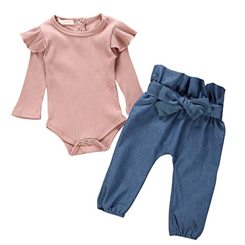 Body Borlai de manga larga con volantes y pantalones largos para bebés de entre 0 y 24 meses, 2 unidades Rosa + azul vaquero. 24 meses