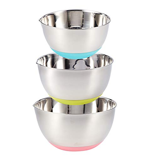 Bol Acero Inoxidable, Juego de 3 Cuencos Mezcladores de Acero Inoxidable, Base de Silicona Antideslizante y Boquillas para Verter, Apliables Ensaladeras 1.5L, 3L, 5L Bol Acero Inoxidable, Juego de 3 Cuencos Mezcladores de Acero Inoxidable, Base de Silicona Antideslizante y Boquillas para Verter, Apliables Ensaladeras 1.5L, 3L, 5L