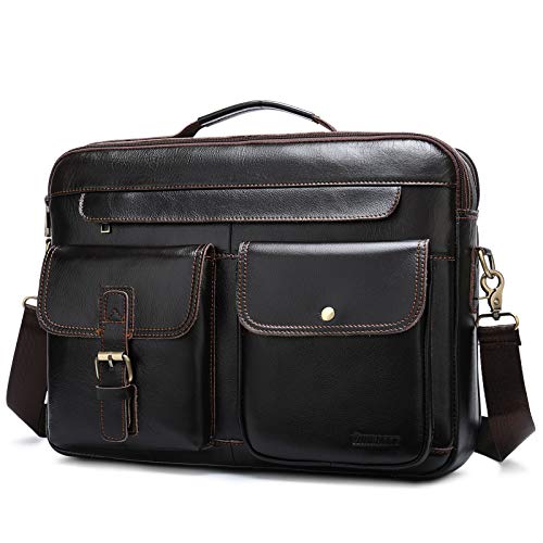 Bolso Mensajero Cuero Maletín Negocios Bolso Hombre Bandolera para Portátil 14 Pulgadas Bolso Negocios Grande Piel para Hombre y Mujer,Marron Oscuro