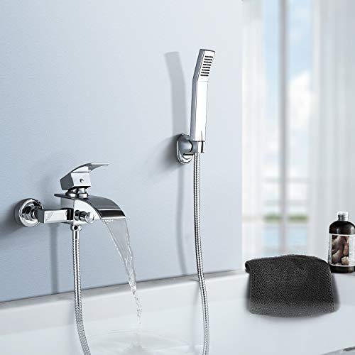 BONADE Grifo de Bañera Cascada Grifo de Baño Cuadrado con Ducha de Mano Mezclador de Ducha de Latón Cromado Montaje en la Pared para Baño