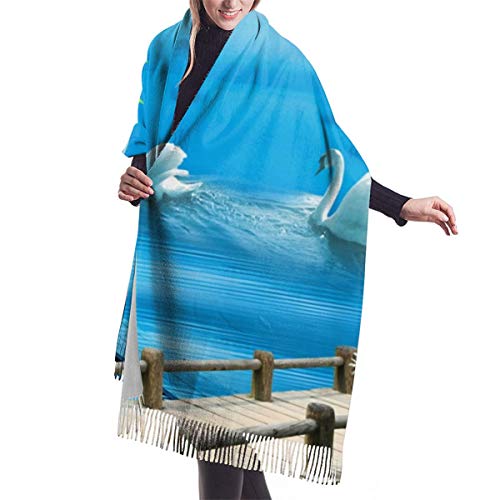 Bufanda de invierno clásica de otoño para mujer,Acción de Gracias Navidad paisaje de verano ritual con árboles y puente y dos cisnes, bufanda cálida, suave y gruesa, manta grande, chal, bufandas Bufanda de invierno clásica de otoño para mujer,Acción de Gracias Navidad paisaje de verano ritual con árboles y puente y dos cisnes, bufanda cálida, suave y gruesa, manta grande, chal, bufandas
