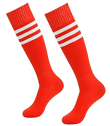 Calcetines de deporte de Westeng, unisex, altos, de algodón a rayas, para practicar fútbol, béisbol, rugby, baloncesto, 1 par, rojo