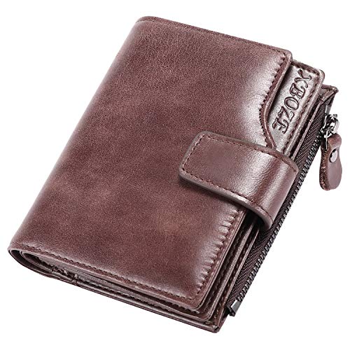 Cartera Cuero Hombre Pequeño RFID Bloqueo Delgado Biflod Billetera Hombre Piel con Cremallera y 12 Ranura para Tarjeta Monedero Hombre Cuero Autentico Cartera de Bolsillo con 7 Compartimento (Café)