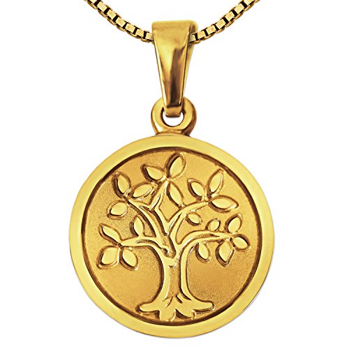 Clever Schmuck - Colgante dorado del árbol de la vida, con 12 mm de diámetro, mate, con árbol y borde en relieve, brillante, oro 333, 8 quilates, cadena dorada Venezia de 42 cm