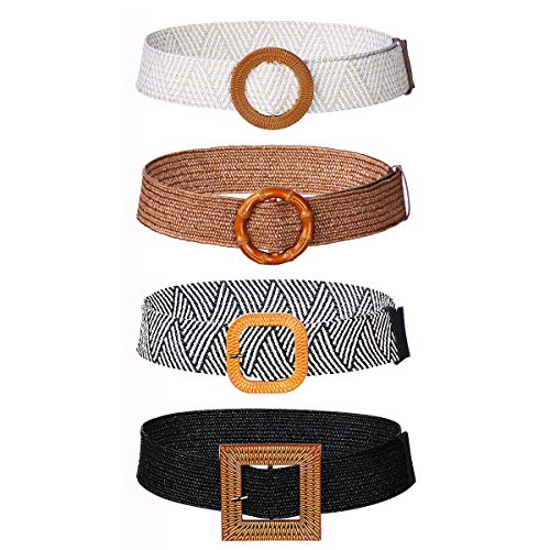 CNNIK 4 Piezas Cinturones de Cintura Elástico de Tejido de Paja para Mujeres, Cinturón de Vestir Ancho, Banda de Vestido, Longitud: 90 cm, Ancho: 5 cm