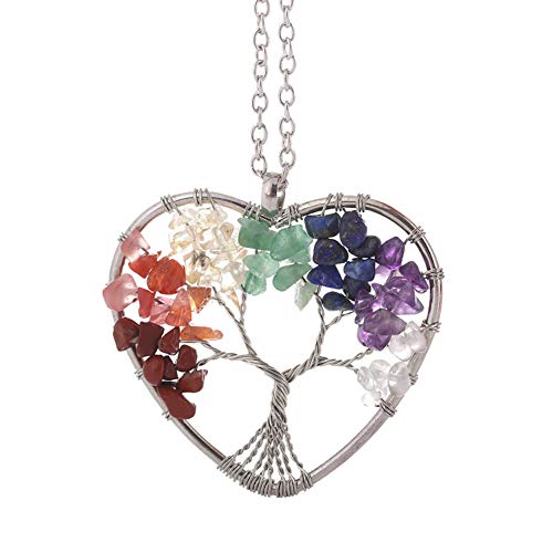 Collar de árbol de vida de piedra de cristal colorido en forma de corazón