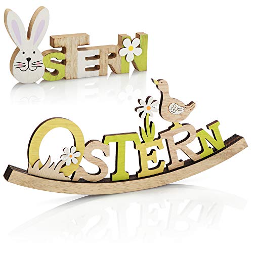 com-four® 2X Decoración para Pascua - Letras con Conejo y Pato de Pascua - Decoración de Pascua para Colocar - Decoración de Pascua Hecha de Madera