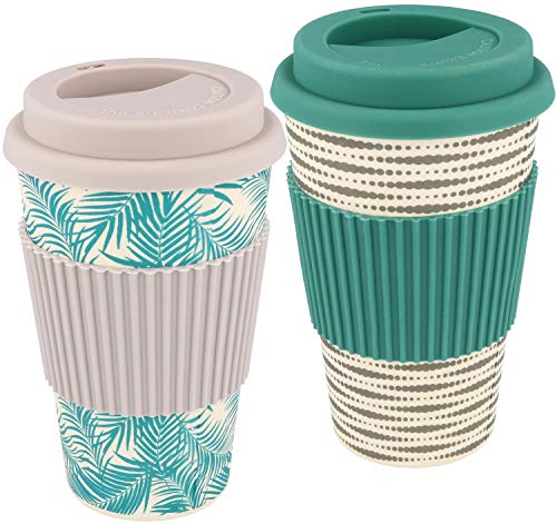 com-four® 2X Taza de café para Llevar Hecha de bambú - Taza de café para Llevar - café para Llevar - Taza Reutilizable para Beber - Taza de Viaje con Tapa (02 Piezas - Gris Claro/Verde)