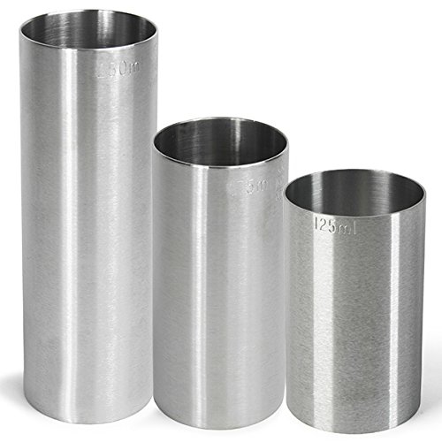 Conjunto de 3 vasos de medición cilíndricos de acero inoxidable de 125 ml, 175 ml y 250 ml. Con certificado. Vaso medidor para hostelería, medidor para vino blanco, vino tinto