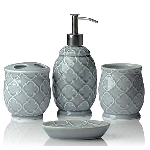 Conjunto de 4 Accesorios de baño de cerámica de diseño | Incluye jabón líquido o loción con portacepillos, Vidrio, jabonera | Celosía marroquí | Gris