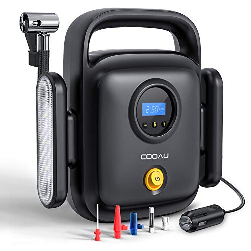 COOAU Compresor Aire Coche Portátil, 150PSI 12v Protección contra Sobrecalentamiento y LED Luz de Emergencia, Fusibles Extra 4 Adaptadores para inflar Neumáticos de Coche Moto y Bicicleta, Negro