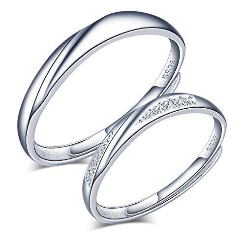 CPSLOVE Anillo de plata de ley 925 para pareja, anillos de boda de onda, Incrustaciones Circón, tamaño ajustable, Anillo de compromiso