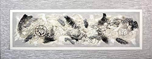 Cuadro Pintado Abstracto Blanco y Negro, Gris y Plata 150x60 cm con Marco en Relieve Color Plata Pintado en el Lienzo 100% Original
