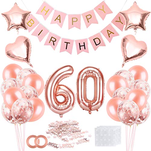 Cumpleaños Globos 60, Decoración de cumpleaños 60 en Oro Rosa, Feliz cumpleaños Decoración Globos 60 Años, 60 Globos de Confeti y Globos de Aluminio para niñas y Mujeres