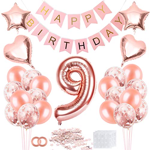 Cumpleaños Globos 9, Decoración de cumpleaños 9 en Oro Rosa, Feliz cumpleaños Decoración Globos 9 Años, 9 Globos de Confeti y Globos de Aluminio para niñas y Mujeres