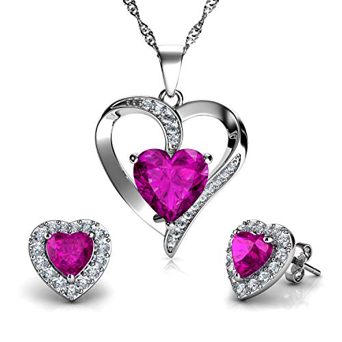 DEPHINI - Juego de collar y pendientes de corazón - Plata de ley 925 - Pendientes de cristal rosa y piedra natalicia - Juego de joyería fina para mujer - circonita cúbica