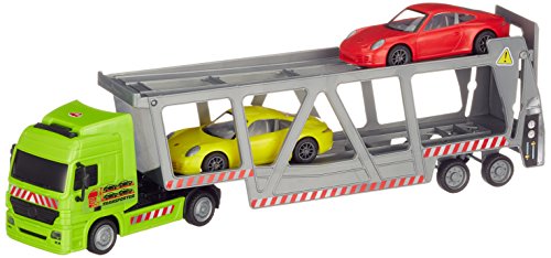 Dickie Toys- Car Transporter Camión Trailer Transporte, AImpulsado a fricción, Incluye Dos Coches Porsche, Remolque Desmontable, para Niños a Partir de 3 Años, Color Verde (3747005)