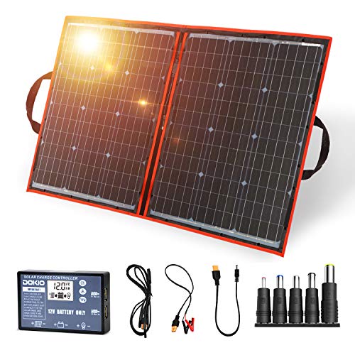 DOKIO 100W bolsa solar plegable panel solar móvil con celdas monocristalinas más efectivas regulador de carga solar(2 puertos USB) fácil de transportar(peso:2,7kg) funciona con baterías de 12V
