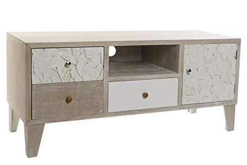 DRW Mueble de TV con 1 Puerta y 3 Cajones de Madera Tallada Flor en Natural y Blanco 120x40x54cm