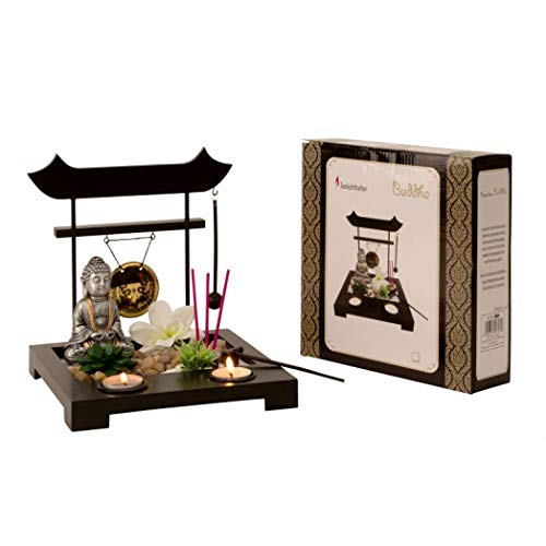 Ducomi Jardín Zen de mesa con bandeja, arena, figura de Buda, roca – Kit de meditación japonesa – Accesorios para el hogar decoración interior Idea regalo (Yugen)
