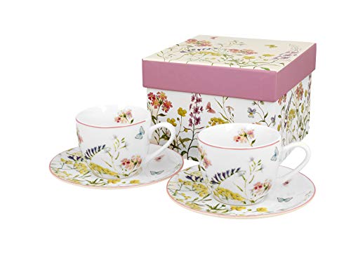 DUO Colección Secret Garden - Juego de 2 tazas de café con platillos Alice de porcelana china New Bone China en caja de regalo, 110 ml