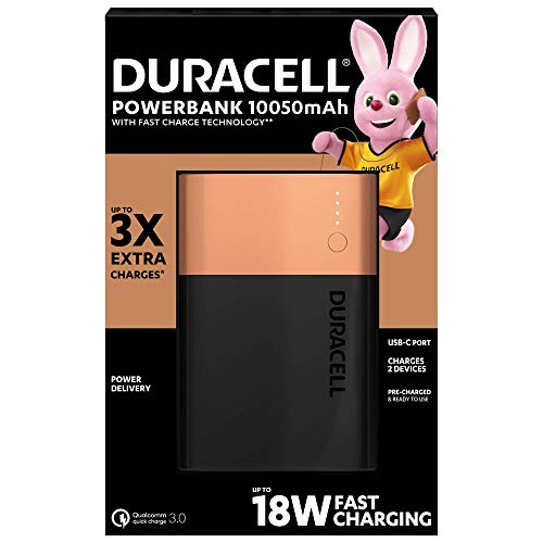 Duracell Powerbank de 10050 mAh, Bateria externa movil con USB C y Carga rápida IN/OUT, Power Delivery 18W y Quick Charge 3.0 para Iphone, Samsung, Xiaomi y Dispositivos con alimentación USB