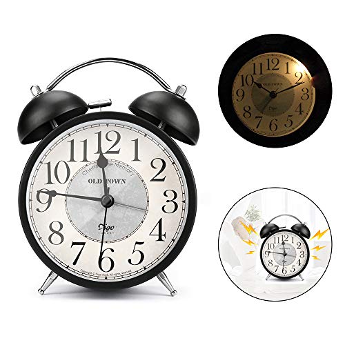 E-More Reloj Despertador de Doble Campana con luz Nocturna, Gran Esfera de 4 Pulgadas, batería de Reloj Despertador Ruidoso, sin tictac, silencioso, Timbre de Alarma Retro, Unidad de Cuarzo