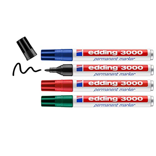edding 3000-4-S - Blíster con 4 marcadores permanentes, colores azul, rojo,verde y negro, 4 unidades