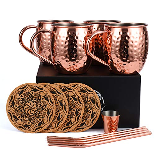 Eligara Juego de 4 Tazas de Cobre para el cóctel de la Mula moscovita, Juego de Regalo de 16 onzas con un Vaso de chupito Bonus, 4 pajitas y 4 Posavasos Eligara Juego de 4 Tazas de Cobre para el cóctel de la Mula moscovita, Juego de Regalo de 16 onzas con un Vaso de chupito Bonus, 4 pajitas y 4 Posavasos