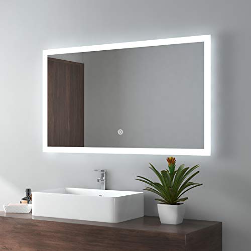 EMKE Espejo de Baño Espejo de baño Espejo LED Espejo de Pared con Interruptor Táctil+Dos Maneras de Colgar IP44,Ahorro de Energía,Blanco Frío(100x60cm)