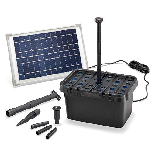 Esotec 100901 - Juego completo de filtro solar para estanque (650 l/h de caudal y módulo solar de 12 W, juego completo para estanques de hasta 2000 l, con juego de agua decorativo)