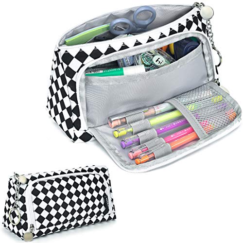 Estuche con llavero, para adolescentes y niñas, lona, gran capacidad, estuche escolar, material de oficina, estuche con 2 cremalleras y parabrisas, color blanco y negro Estuche con llavero, para adolescentes y niñas, lona, gran capacidad, estuche escolar, material de oficina, estuche con 2 cremalleras y parabrisas, color blanco y negro