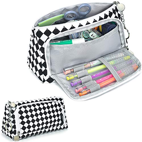 Estuche con llavero, para adolescentes y niñas, lona, gran capacidad, estuche escolar, material de oficina, estuche con 2 cremalleras y parabrisas, color blanco y negro