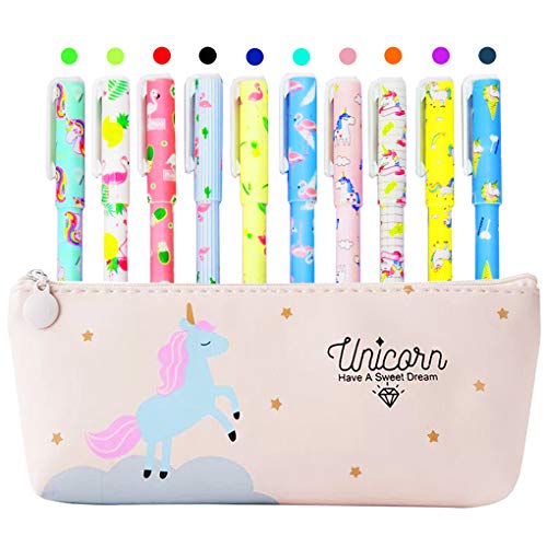 Estuche de unicornio con 10 bolígrafos coloridos de unicornio y flamencos para regalo de niñas, Maomaoyu Lindo unicornio de colores de gel , color blanco crema