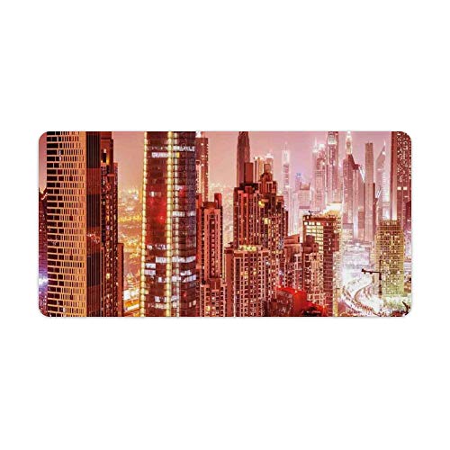 Extended Gaming Mouse Pad with Stitched Edges Waterproof Large Keyboard Mat Non-Slip Rubber Base Dubai at Night Cityscape with Tall Skyscrapers Panorama Peninsula Desk Pad for Gamer Office 12x24 Inch