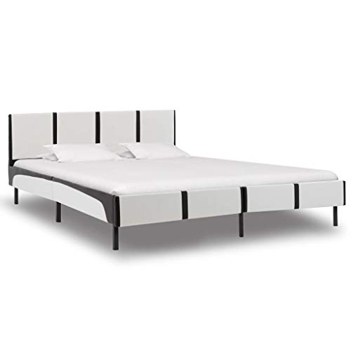 Festnight Estructura de Cama de Cuero Sintético y Madera Contrachapada Blanco y Negro 180x200 cm, Somier Basic Estructura Cama para Domitorio