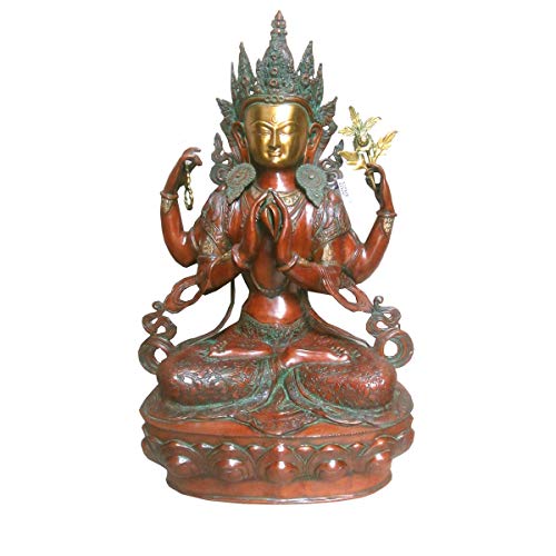 Figura Budista Decorativa de Latón KHARCHARI SENTADA. Adornos y Esculturas. Decoración Hogar. Regalos Originales. 60 x 38 x 96 cm.