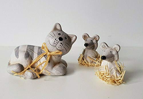 Figura decorativa de cerámica de gato y ratones (gato aprox. 9 x 8 x 6 cm/ratones aprox. 5 x 4 x 3 cm)