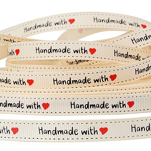 FLOFIA 50 Yards Cinta Handmade with Love Hecho a Mano de Tela Algodón con Patrón Corazón Cinta Decorativa para Envolver Regalo DIY Decoración, 10mm de Ancho FLOFIA 50 Yards Cinta Handmade with Love Hecho a Mano de Tela Algodón con Patrón Corazón Cinta Decorativa para Envolver Regalo DIY Decoración, 10mm de Ancho