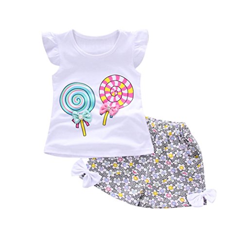 Fossen Bebe Niña Camiseta Sin Mangas de Lollipops y Pantalones Cortos Florales Conjunto de Ropa Verano (18 Meses, Serie 2~Blanco)