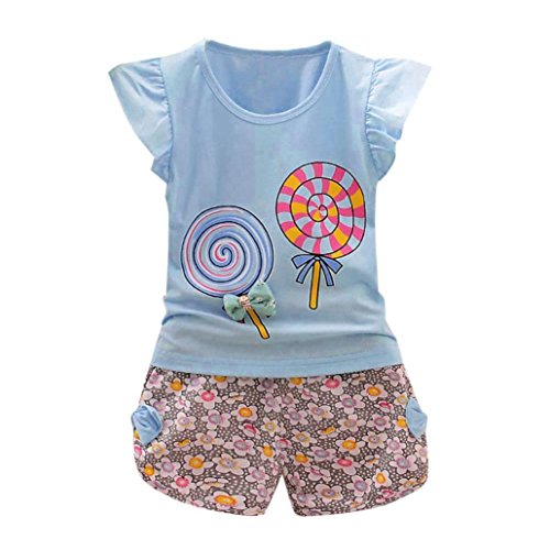 Fossen Bebe Niña Camiseta Sin Mangas de Lollipops y Pantalones Cortos Florales Conjunto de Ropa Verano (2 años, Serie 2~Azul Claro)