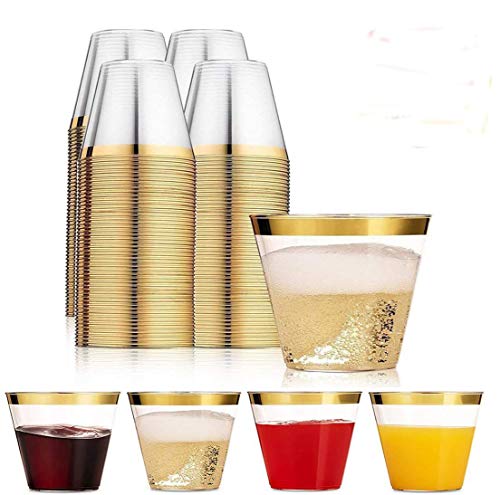 Funhoo Paquete de 100 tazas de plástico de 9 oz. Copa para beber, taza desechable transparente para beber con borde dorado para la fiesta de cumpleaños Wedding Bar Cafe Hotel (100pcs)